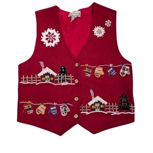 NEW DIRECTIONS Women's‎ Felt Wool Embroidered Vest Winter Theme Novelty Red *